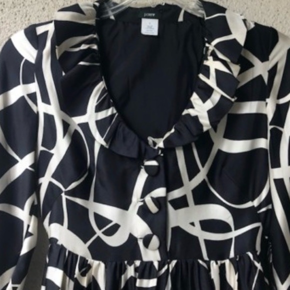 J Crew Sz 4 Black & Cream Silk Abstract Ruffle Collar Dress - Picture 8 of 16